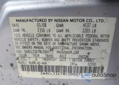 2008 Nissan Altima Hybrid from USA, damaged, VIN 1N4CL21E78C200075